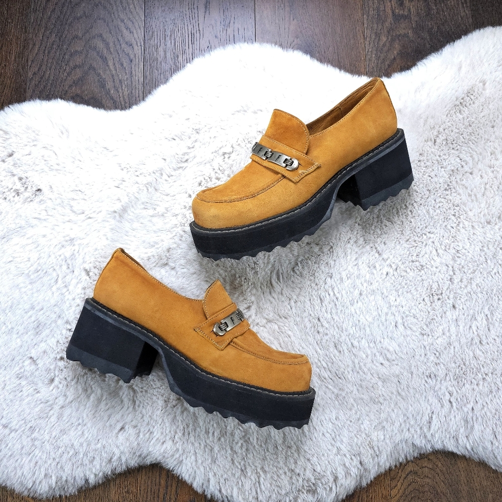 RARE John Fluvog Vintage Y2K Chain Chunky Platform Leather Suede Loafers
